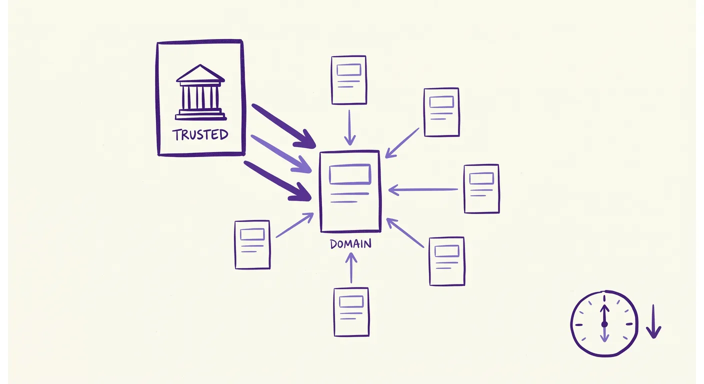 Hand-drawn illustration of a trusted site card and smaller site cards linking into a domain, with a gauge dial and a down arrow