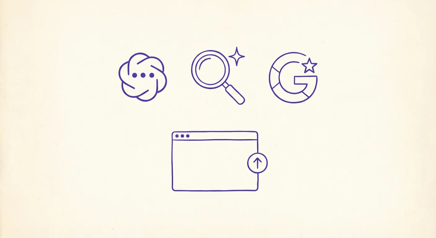 Illustration showing AI search platforms ChatGPT, Perplexity and Google AI Overviews with a website gaining visibility