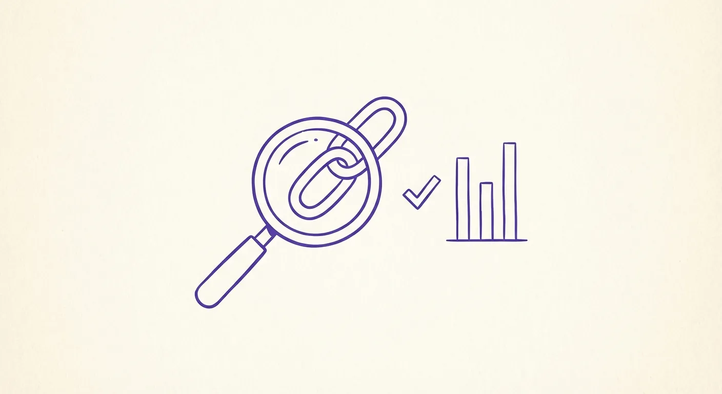 Minimalist illustration of a magnifying glass examining backlink chain connections with quality metrics