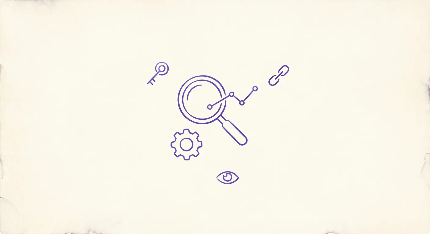 Illustration of SEO tools with magnifying glass and chart icons