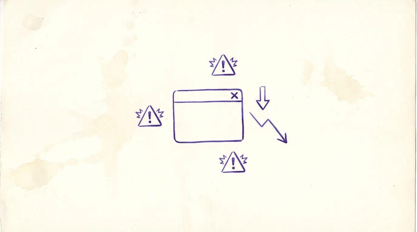 Editorial illustration of a website with warning signs representing common SEO mistakes