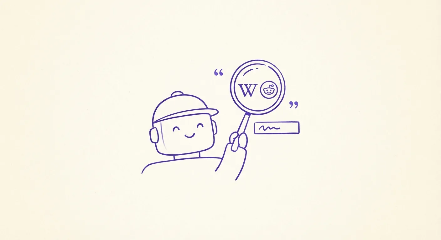Hand-drawn illustration of an AI robot discovering authoritative sources through search