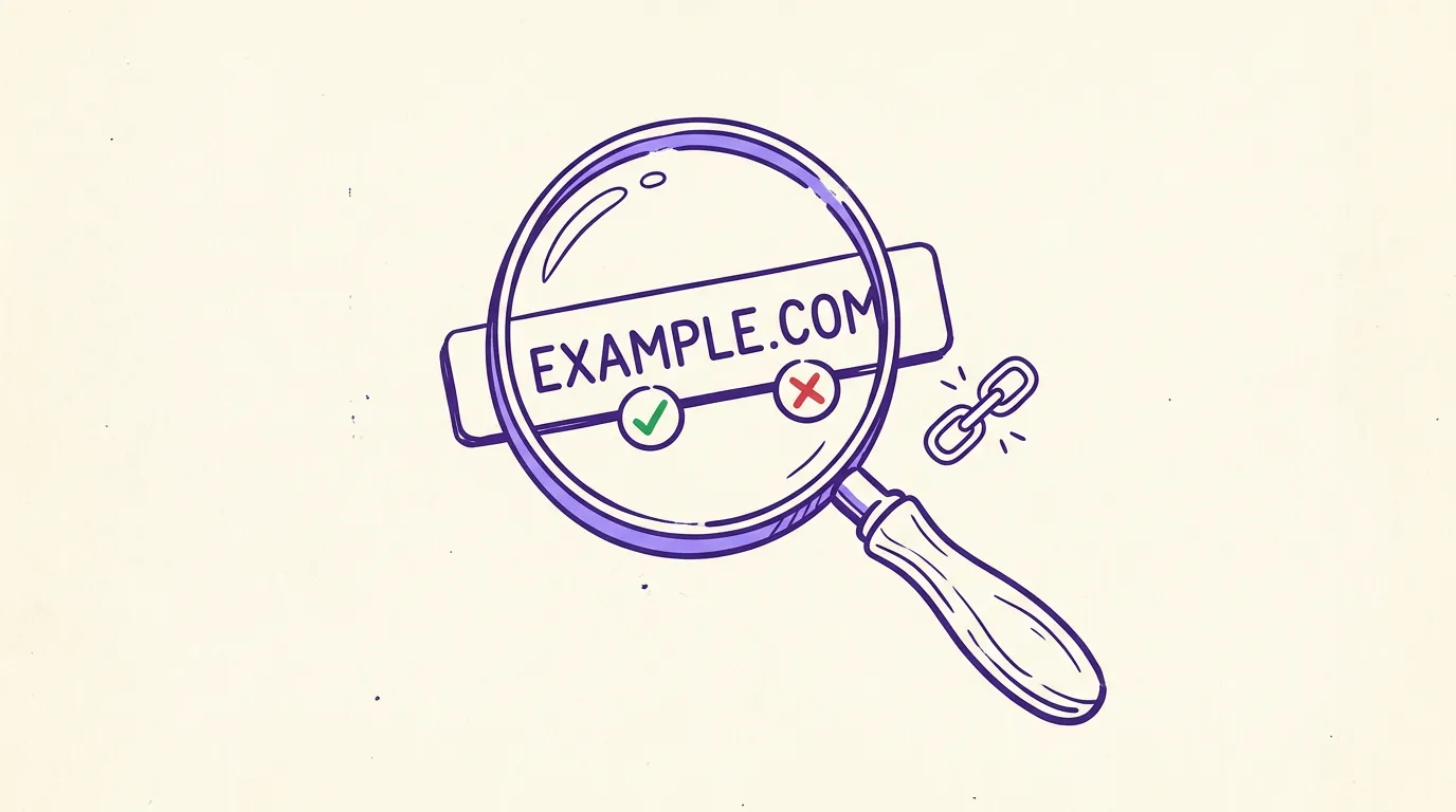 Hand-drawn illustration of expired domains being evaluated with a magnifying glass