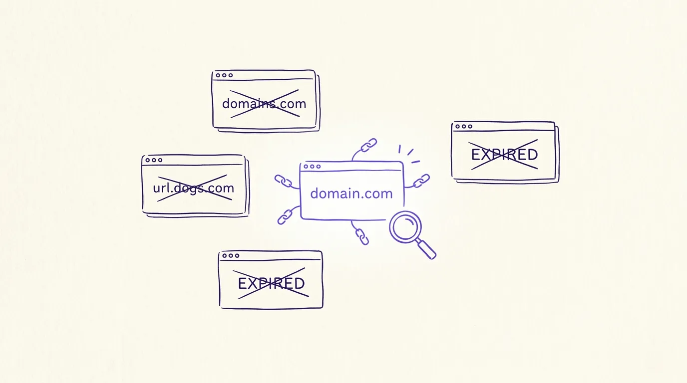Hand-drawn illustration of discovering expired domains with backlink connections