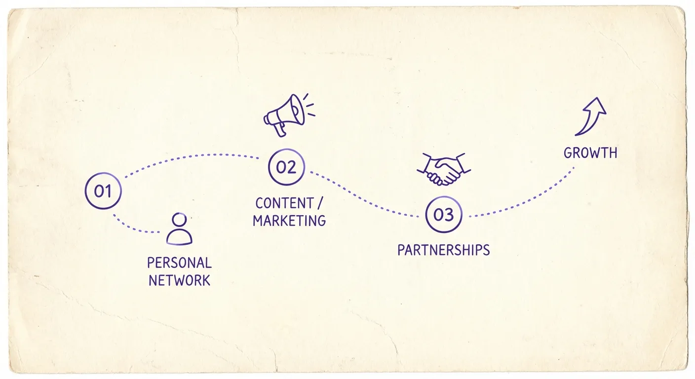 Illustration of founders acquiring their first customers through various strategies