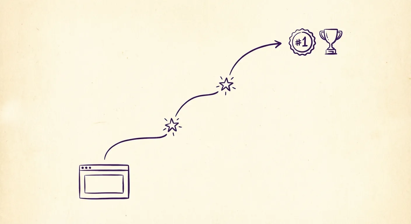 Minimalist illustration of a landing page climbing search rankings