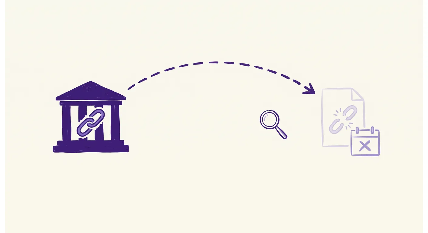 Hand-drawn illustration of a trusted site with a chain link and a dashed arrow leading to a faded page with a broken link and an expired calendar