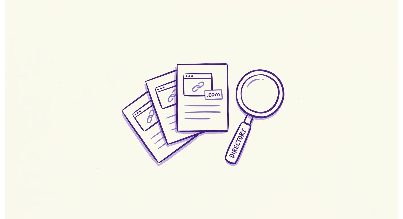 Hand-drawn illustration of a fan of domain cards with link icons next to a magnifying glass labelled directory