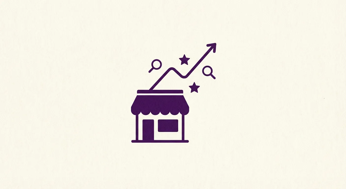 Simple illustration showing a small business storefront with upward-trending growth indicators and search icons