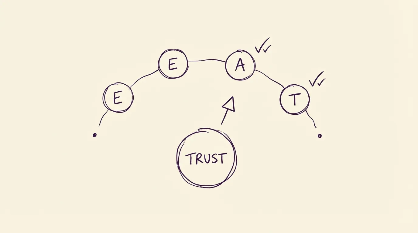 Hand-drawn illustration showing E-E-A-T trust and authority concept with interconnected elements