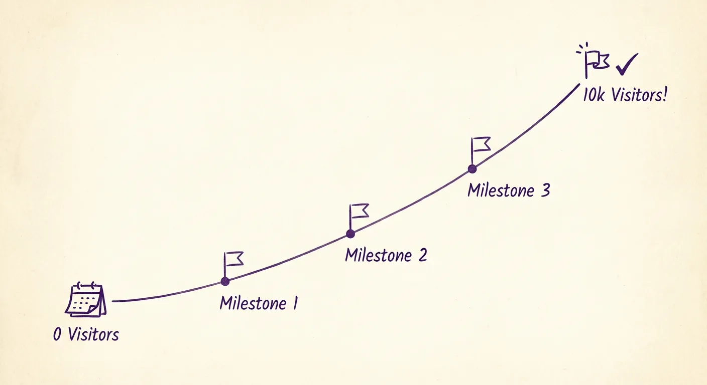 Simple timeline visualization showing website growth from zero to 10k visitors